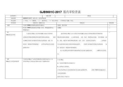 GJB9001C-2017内审检查表