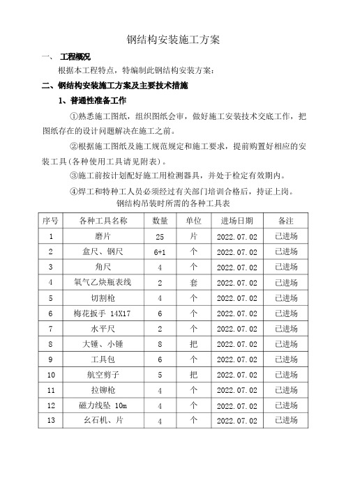 钢结构吊装施工方案