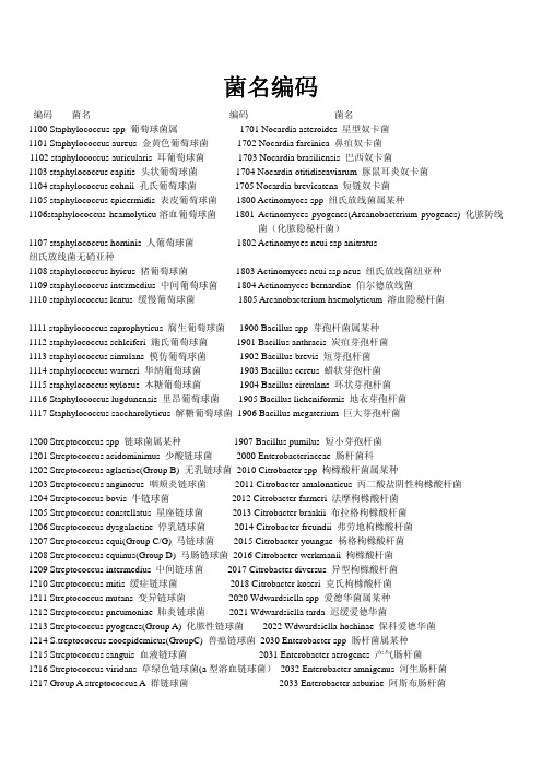 2006版常用中英文菌名对照编码