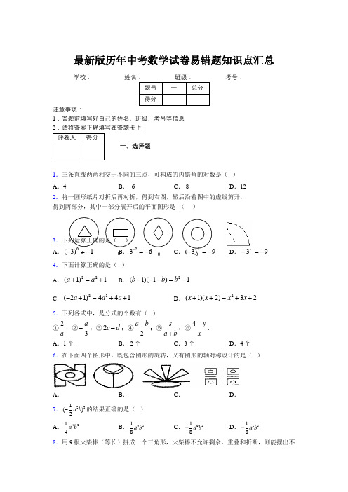 2019最新版历年中考数学试卷易错题知识点汇总984425