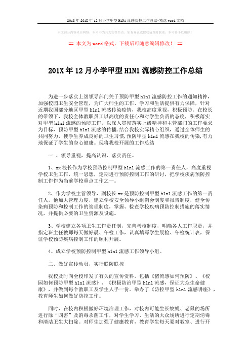 2018年201X年12月小学甲型H1N1流感防控工作总结-精选word文档 (2页)