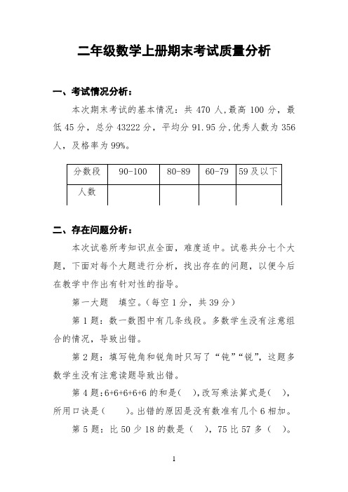 二年级数学上册期末考试质量分析