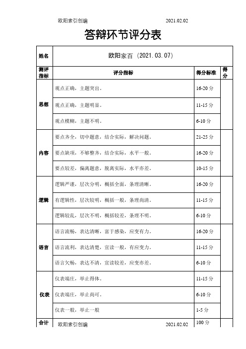 答辩环节评分表之欧阳家百创编