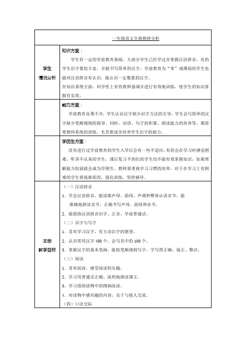 一年级语文全册教材分析