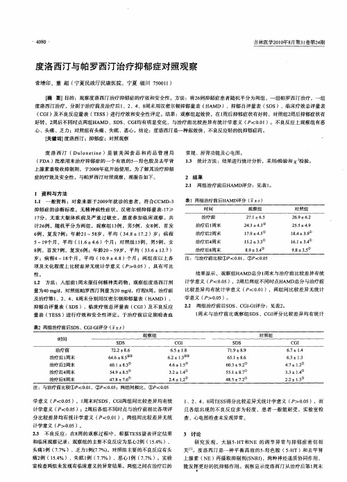 度洛西汀与帕罗西汀治疗抑郁症对照观察