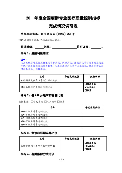 2015年度全国麻醉专业医疗质量控制指标