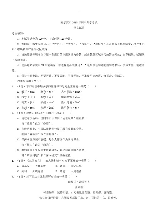 2018年黑龙江省哈尔滨市中考语文试题(含答案)