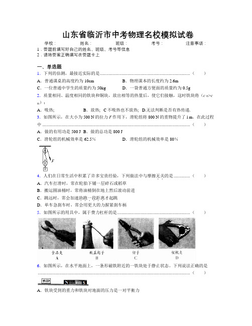 最新山东省临沂市中考物理名校模拟试卷及解析