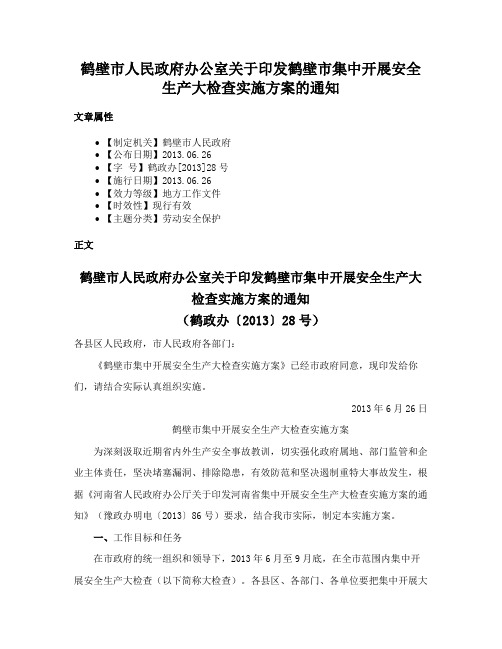 鹤壁市人民政府办公室关于印发鹤壁市集中开展安全生产大检查实施方案的通知