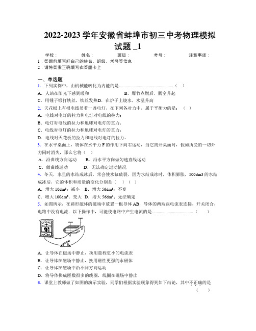 最新2022-2023学年安徽省蚌埠市初三中考物理模拟试题及解析_1