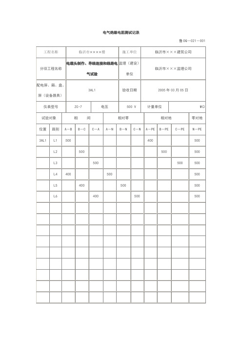 电气绝缘电阻测试记录范例