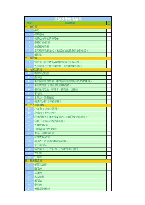 旅游携带物品清单Excel模板
