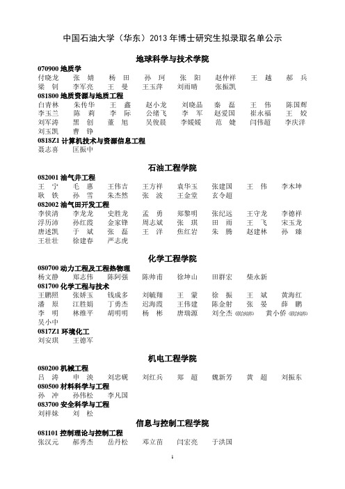 2013年中国石油大学(华东)博士拟录取名单公示