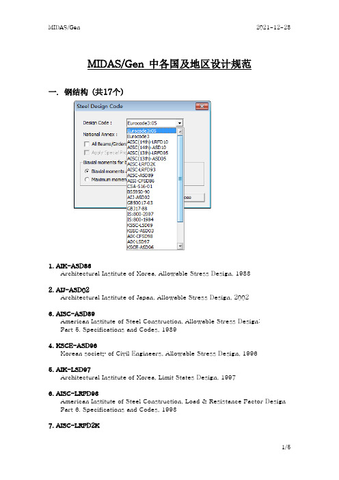 MIDAS-Gen2014中各国及地区设计规范