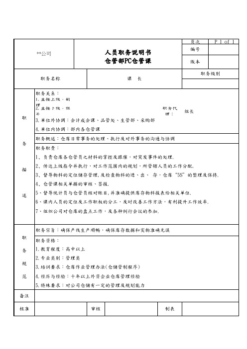 仓管部PC仓管课课长职务说明书