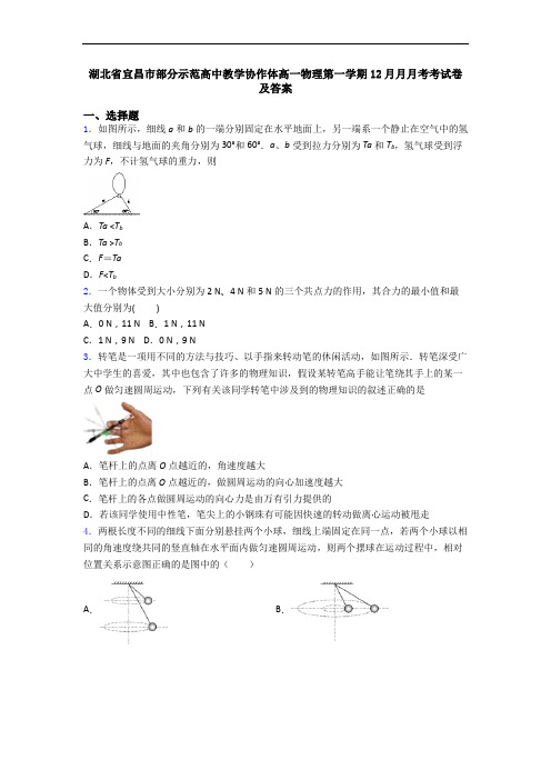 湖北省宜昌市部分示范高中教学协作体高一物理第一学期12月月月考考试卷及答案