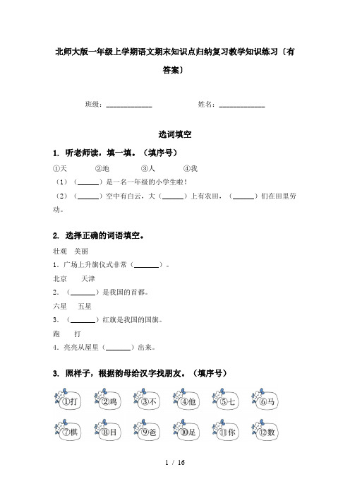 北师大版一年级上学期语文期末知识点归纳复习教学知识练习〔有答案〕