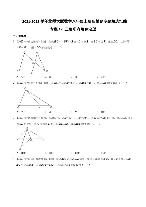 专题12三角形内角和定理(原卷版)