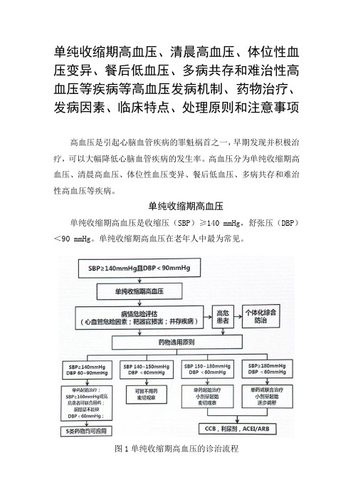 单纯收缩期高血压、餐后低血压和难治性高血压等疾病等高血压发病机制、药物治疗临床特点处理原则和注意事项