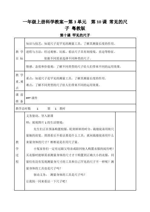 一年级上册科学教案-第3单元  第10课 常见的尺子 粤教版