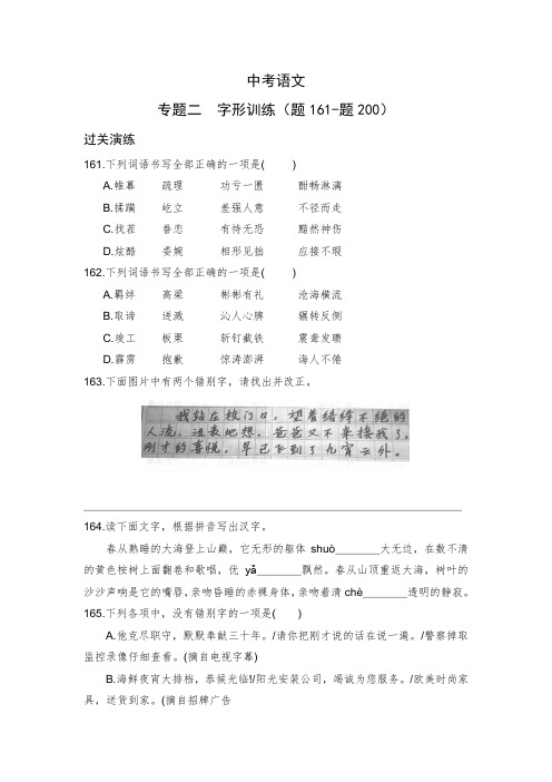 中考语文：专题二  字形训练---解题指导、过关演练、答案解析(题161-题200)