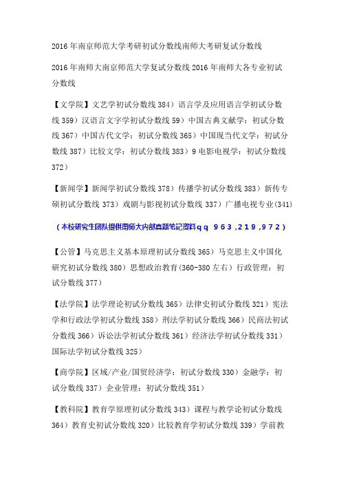 2016年南京师范大学各专业初试分数线