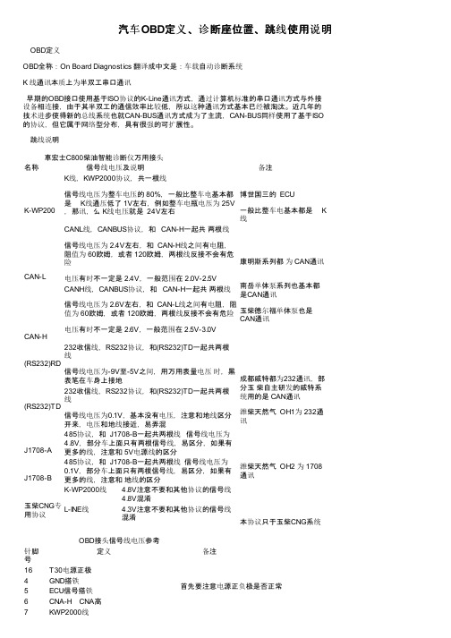 汽车OBD定义、诊断座位置、跳线使用说明