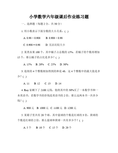 小学数学六年级课后作业练习题