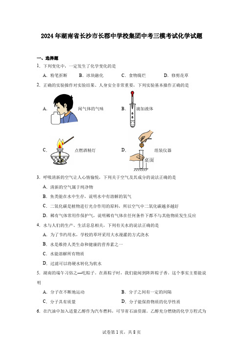 2024年湖南省长沙市长郡中学校集团中考三模考试化学试题