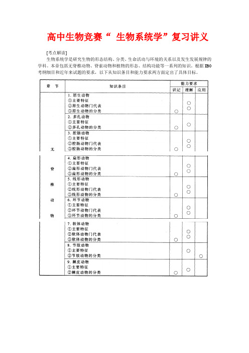 高中生物竞赛“ 生物系统学”复习讲义