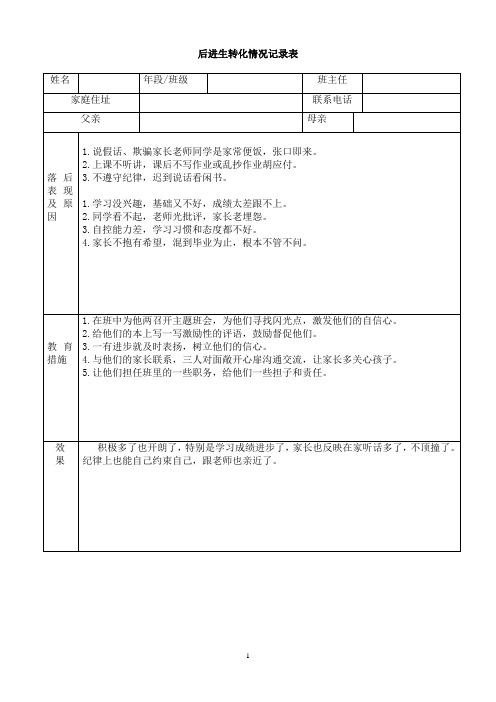 后进生转化情况表格及案例分析