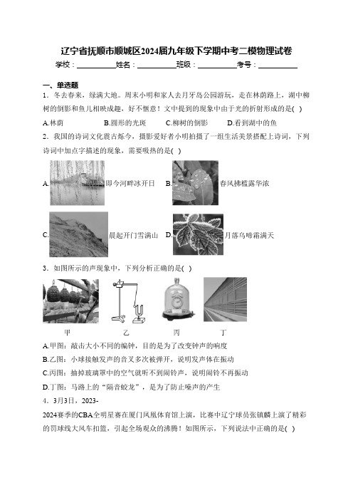 辽宁省抚顺市顺城区2024届九年级下学期中考二模物理试卷(含解析)