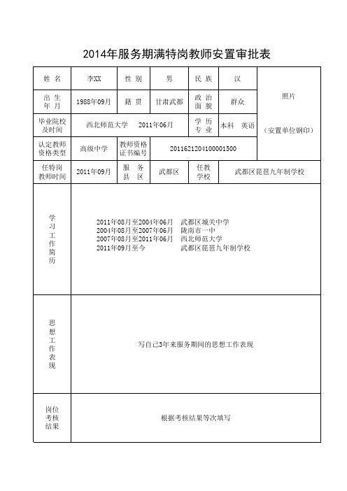 2014年服务期满特岗教师安置审批表