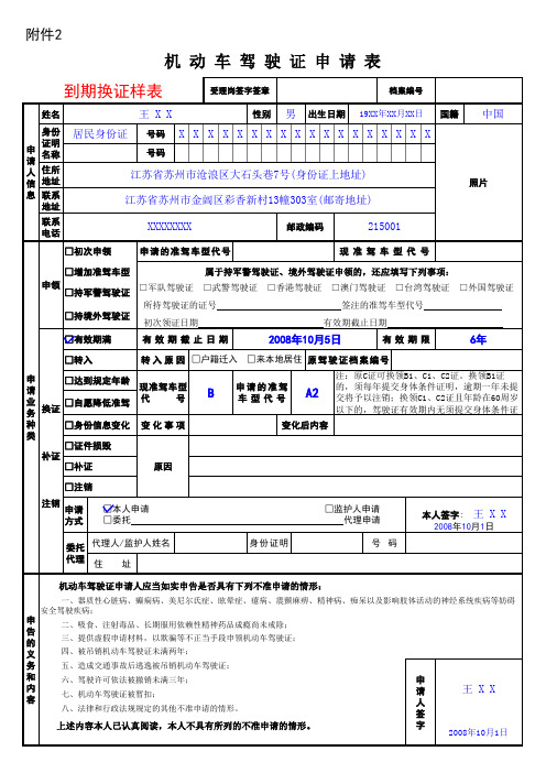 机动车驾驶证申请表(到期换证样表)