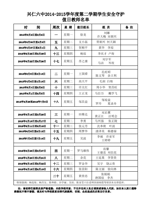 2014-2015第二学期值班安排(终结版)