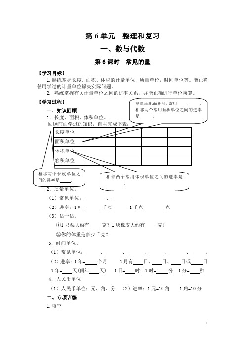 人教版六年级数学下册教案-导学案-第6单元整理与复习-第6课时  常见的量