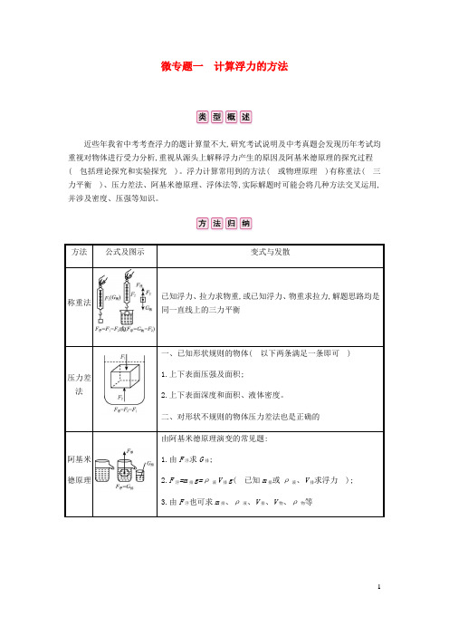 安徽省2020年中考物理总复习模块四力学微专题一计算浮力的方法