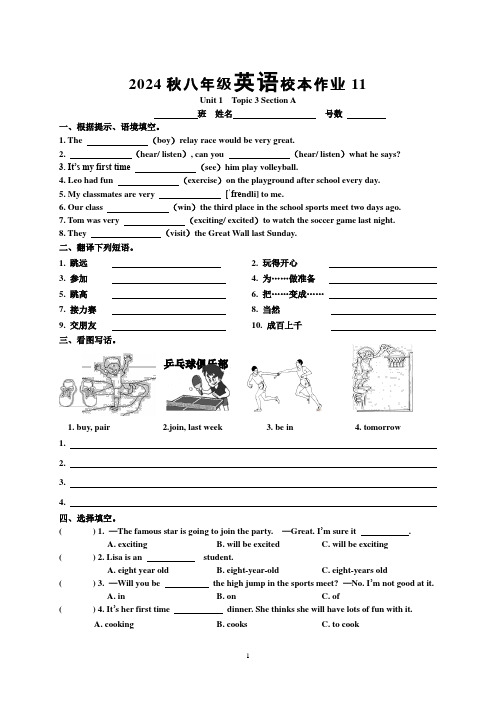 Unit 1 Topic 3 校本作业(11-15)2024-2025学年仁爱版八年级英语上册