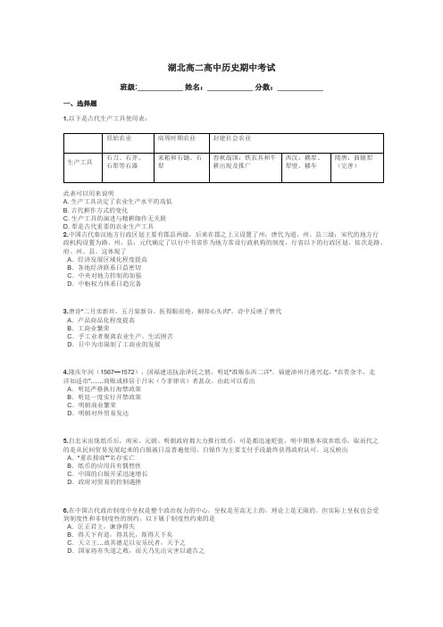 湖北高二高中历史期中考试带答案解析
