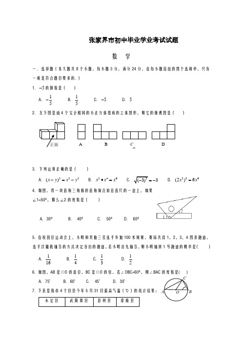 2020-2021学年张家界市初中毕业学业试题数学仿真模拟试卷及答案解析