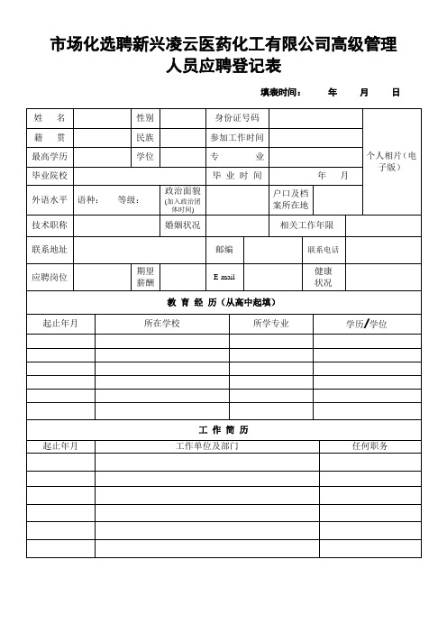 场化选聘新兴凌云医药化工有限公司高级管理人员应聘登记表