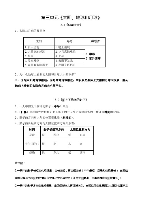 科学三年级下第三单元---《太阳、地球和月球》知识梳理