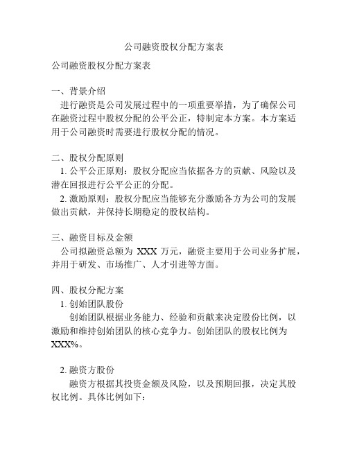 公司融资股权分配方案表