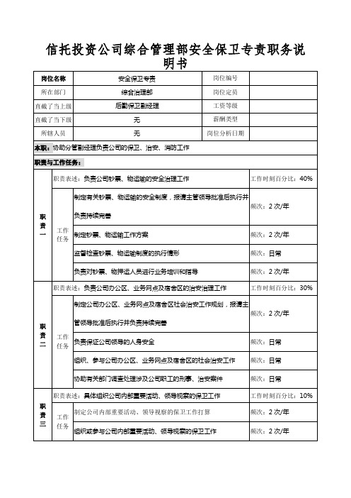 信托投资公司综合管理部安全保卫专责职务说明书