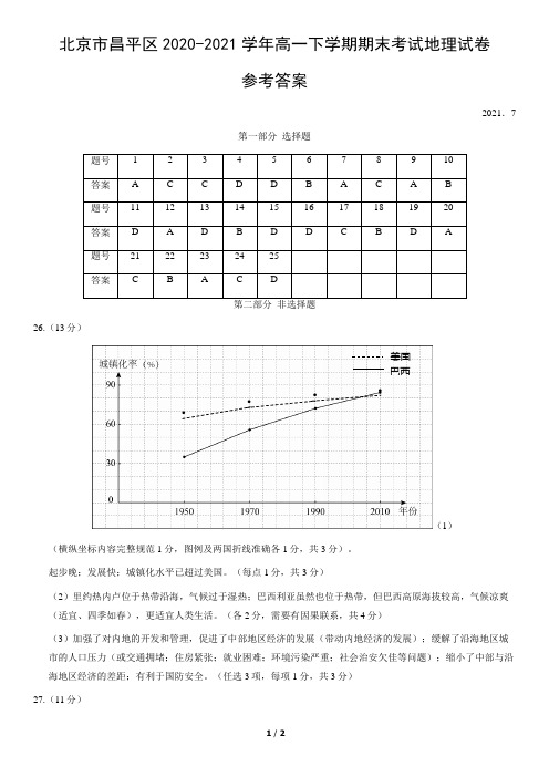 北京市昌平区2020-2021学年高一下学期期末考试地理试卷参考答案