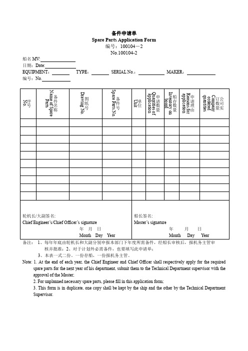 船舶备件申请单
