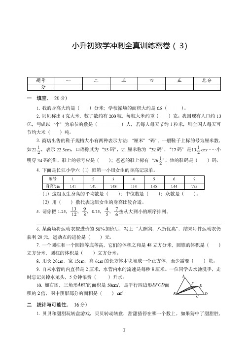 重庆市【小升初】小升初数学冲刺模拟全真试卷训练密卷附答案(3)