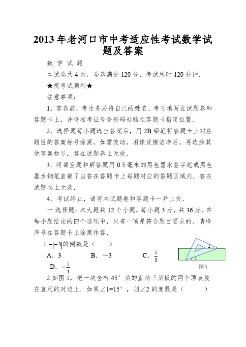 2013年老河口市中考适应性考试数学试题及答案