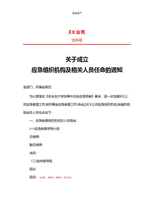 关于成立应急组织机构及人员任命的通知安全管理台账安全生产规范化企业管理安全制度应急预案