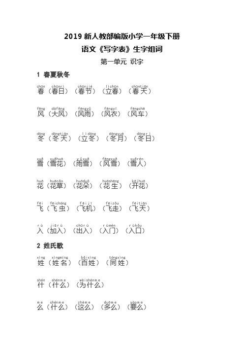 人教部编版小学一年级下册语文《写字表》生字组词带拼音